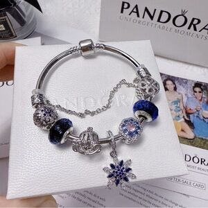 Pandora Silver Bracelet with Dark Blue and Pink Charms